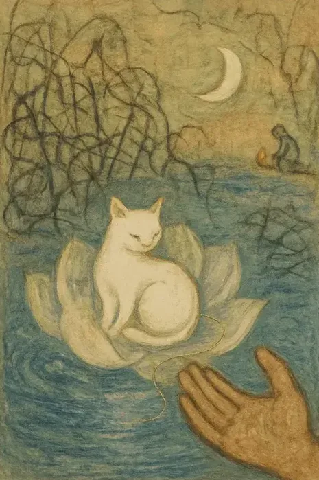 Inner Portrait — a cat resting on a lotus under the moon